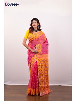 Boveee - Pink Cotton Jamdani Saree Without Blouse