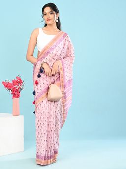 Ushvii - Women Purple Cotton Silk Printed Saree With Unstitched Blouse