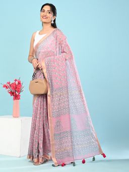 Ushvii - Women Pink Cotton Silk Printed Saree With Unstitched Blouse