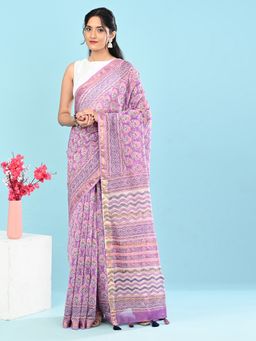 Ushvii - Women Purple Cotton Silk Printed Saree With Unstitched Blouse