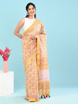 Ushvii - Women Yellow Cotton Silk Printed Saree With Unstitched Blouse
