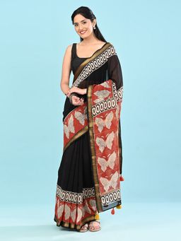 Ushvii - Women Black Cotton Silk Embroidered Saree With Unstitched Blouse