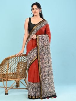 Ushvii - Women Maroon Cotton Silk Embroidered Saree With Unstitched Blouse
