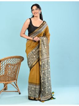 Ushvii - Women Mustard Cotton Silk Embroidered Saree With Unstitched Blouse