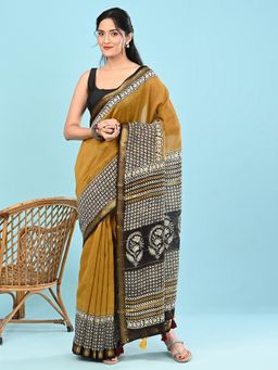 Ushvii - Women Yellow Cotton Silk Embroidered Saree With Unstitched Blouse