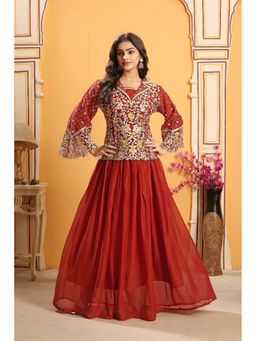 Miss Ethnik - Miss Ethnic Red Embroidered Top With Lehenga