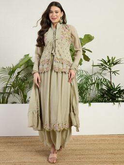 Miss Ethnik - Miss Ethnic Green Embroidered Gown With Jacket and Dupatta