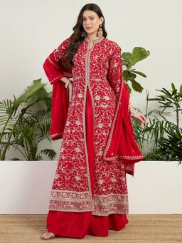 Miss Ethnik - Miss Ethnic Red Embroidered Stitched Kurta With Lehenga & Dupatta