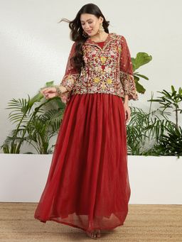 Miss Ethnik - Miss Ethnic Red Embroidered Top With Lehenga