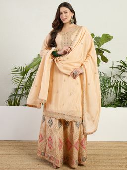 Miss Ethnik - Miss Ethnic Cream Embroidered Stitched Kurta With Lehenga & Dupatta