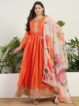 Miss Ethnik - Miss Ethnic Orange Embroidered Gown with Dupatta