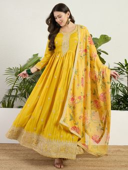 Miss Ethnik - Miss Ethnic Yellow Embroidered Gown with Dupatta