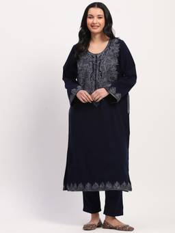 ME & I - Navy Blue Cash Milon Embroidered Round Neck Straight Pheran Kurta