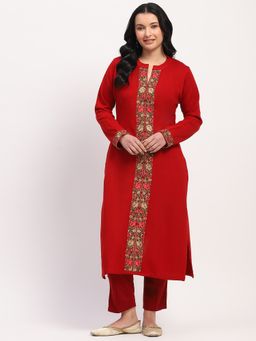 ME & I - Red Embroidered Mandarin Straight Kurta