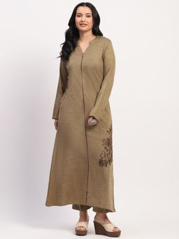 ME & I - Brown Embroidered Mandarin Straight Kurta