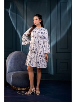 Juniper - Women Off White and Blue Cotton Short Dress