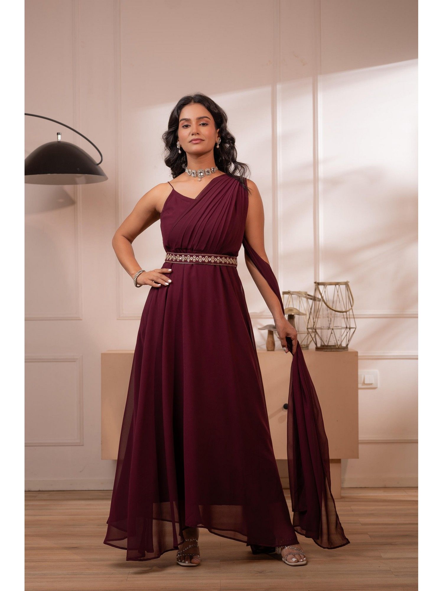 juniper Wine Whispers One-Shoulder Gown with Belt-picture-17