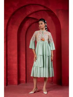Juniper - Sage Green Tiered Embroidered Yoke Dress