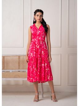 Juniper - Pink Sleeveless Floral Tiered Dress with Belt
