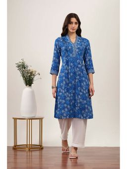 Rangriti - Women Blue Rayon Straight Kurta