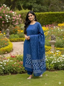 SALWAR STUDIO - Women Blue Cotton Abstract Dupatta