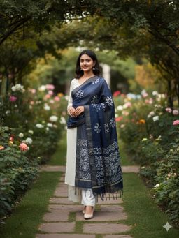 SALWAR STUDIO - Women Navy Blue Cotton Silk Abstract Dupatta