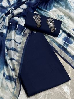 SALWAR STUDIO - Blue Solid Pure Cotton Unstitched Kurta With Pant & Dupatta