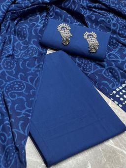 SALWAR STUDIO - Women Blue Solid Pure Cotton Unstitched Kurta With Pant & Dupatta