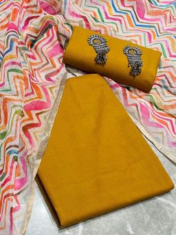 SALWAR STUDIO - Mustard Solid Pure Cotton Unstitched Kurta With Pant & Dupatta