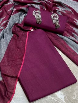 SALWAR STUDIO - Women Wine Solid Pure Cotton Unstitched Kurta With Pant & Dupatta