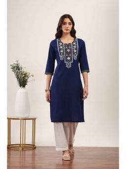 Rangriti - Women Navy Blue Cotton Blend Straight Kurta