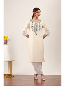 Rangriti - Women Off White Cotton Blend Straight Kurta