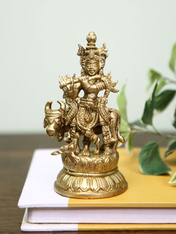 HomeTown - Tirth Brass Krishna with Cow Figurine 5X11Cm in Gold Colour
