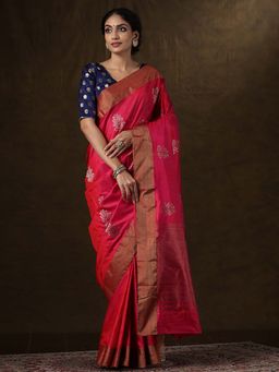 WeaverStory - Handloom Pink Banarasi Saree Antique Zari Border With Unstitched Blouse