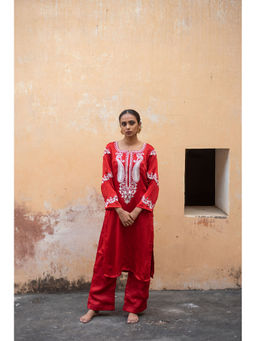Avaasya Jaipur - Red Zahabia Kurta With Pant (Set of 2)