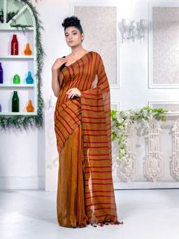 CHARUKRITI - Deep Mustard Pure Cotton Handwoven Soft Saree with Stripe Design with Unstitched Blouse