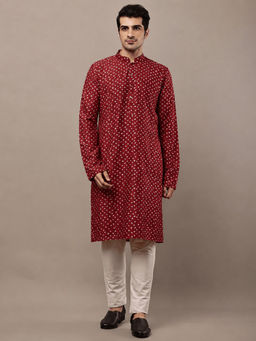 MULTI SHADES - Men's Red Bandhani Printed Ethnic Kurta