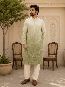 MULTI SHADES - Sage Green Ombre Printed Men’s Kurta