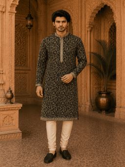 MULTI SHADES - Royal Black Embroidered Men’s Kurta (With Inner Lining)
