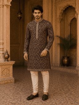 MULTI SHADES - Royal Wine Embroidered Men’s Kurta with Inner Lining (Astar)