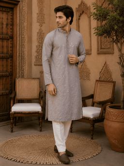 MULTI SHADES - Dusty Grey Pastel Embroidered Men’s Kurta