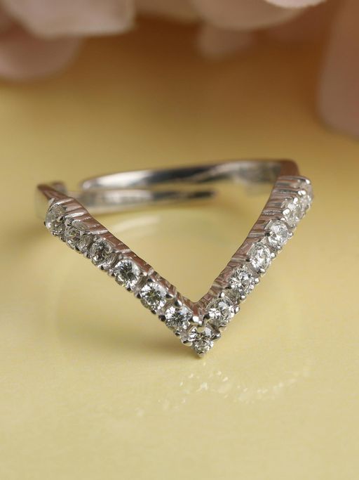 CLARA 925 Silver Rhodium Plated Swiss Zirconia V Shape Adjustable Ring For Women & Girls