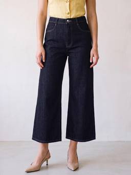 R&B - Women Navy Blue Pure Cotton Solid Jeans