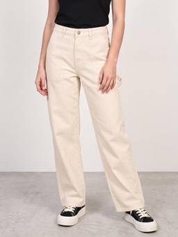 R&B - Women Cream Cotton Lycra Solid Jeans