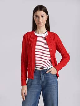 Tommy Hilfiger - Women Red Cotton Self Design Cardigan