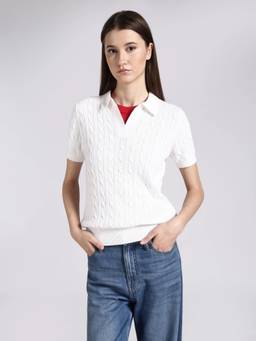 Tommy Hilfiger - Women White Cotton Self Design Sweater
