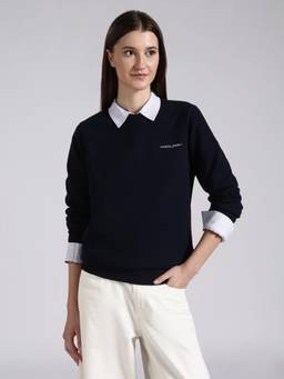 Tommy Hilfiger - Women Navy Blue Cotton Solid Sweatshirt