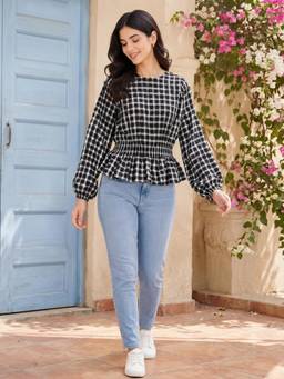 NOBARR - Women Black Polyester Checks Top