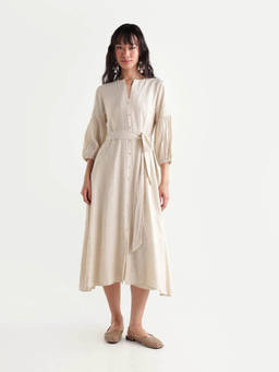 RAREISM - Women Off White Viscose Blend Self Design Dress with Belt