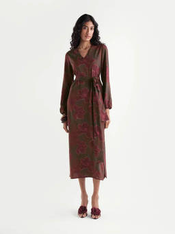 RAREISM - Huke Women Maroon-Olive Viscose Floral Dress with Belt
